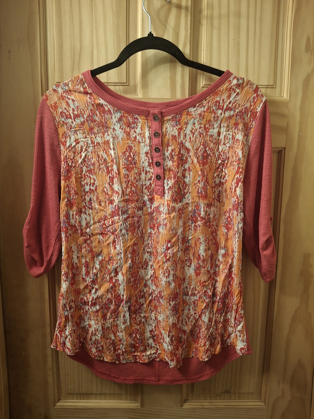 Bit & Bridle Pink and Orange Abstract Henley Long Sleeve Top